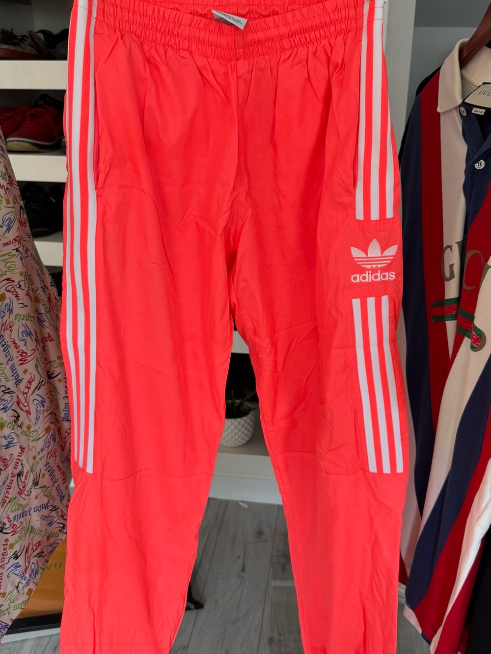 adidas Men's Coral Red Track Pants with White Three-Stripes